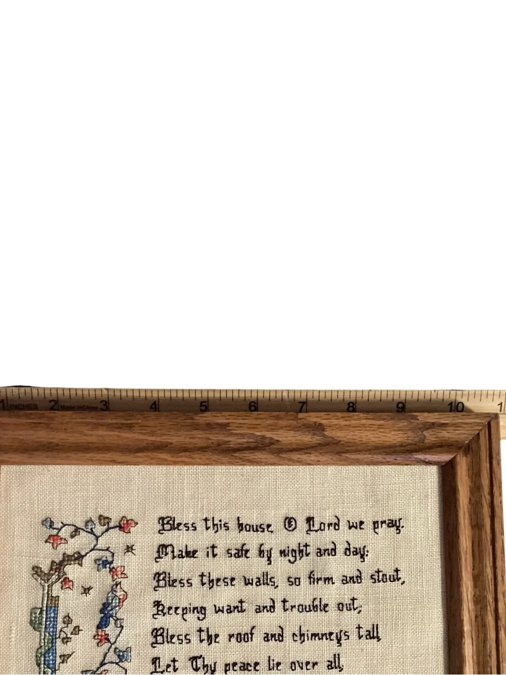 Vintage “Bless This House” Prayer Needlepoint Embroidery Framed Wall Art